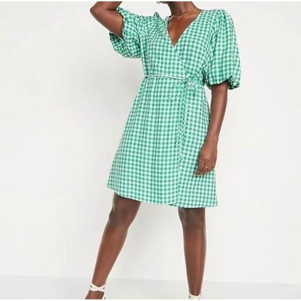 Old Navy Wrap Dress Womens Small Green Gingham Puff Sleeve Linen Cottagecore CC